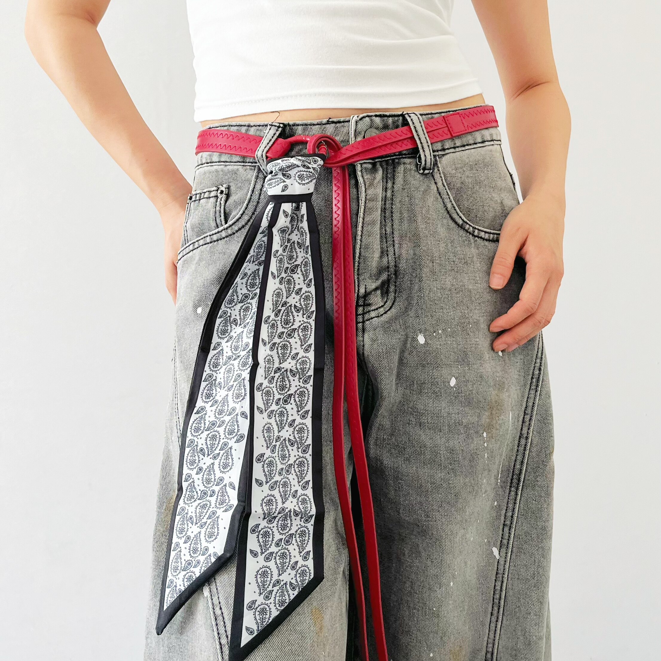 黑边腰果花米色长条绑带领巾腰带