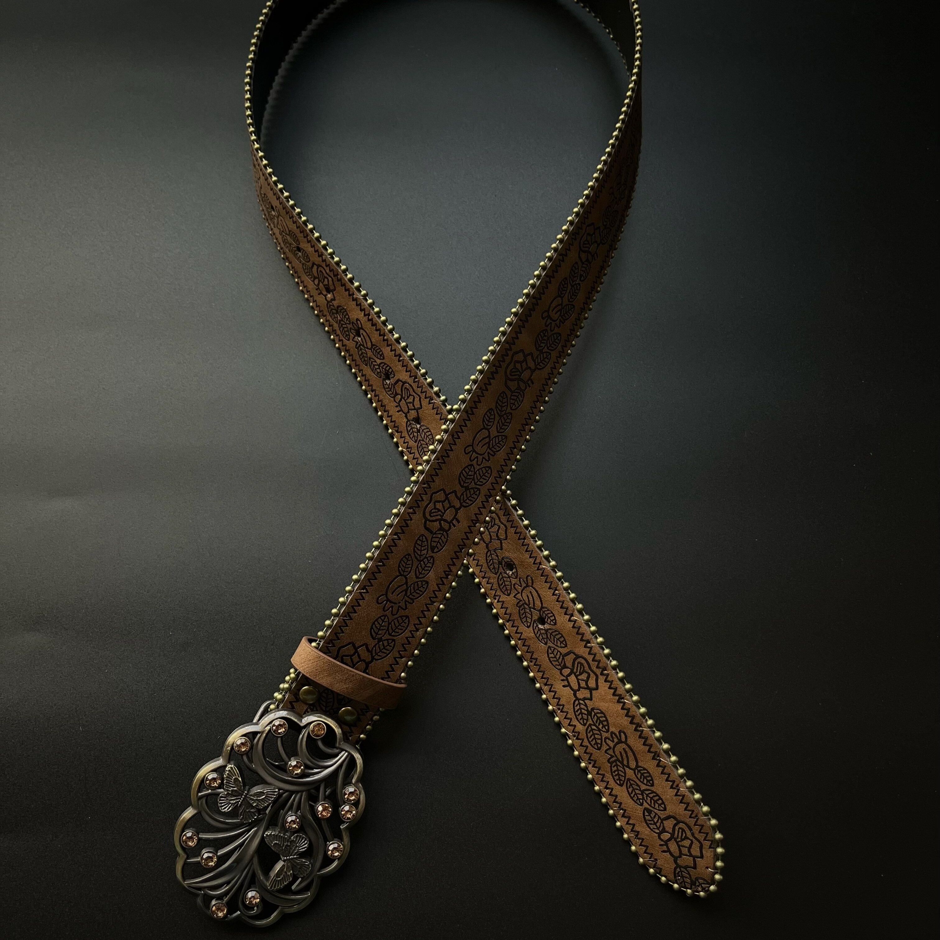 洛默半夏古着复古民族风皮带女款蝴蝶小众设计感棕色花纹腰带装饰