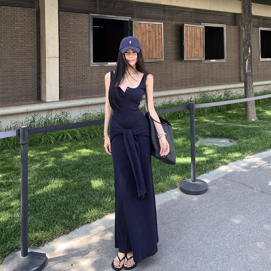 高个子加长版带胸垫背心无袖针织连衣裙女夏季气质披肩吊带两件套