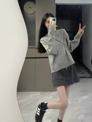 秋装搭配一整套韩系小个子减龄学院风拉链毛衣外套女短裙两件套装