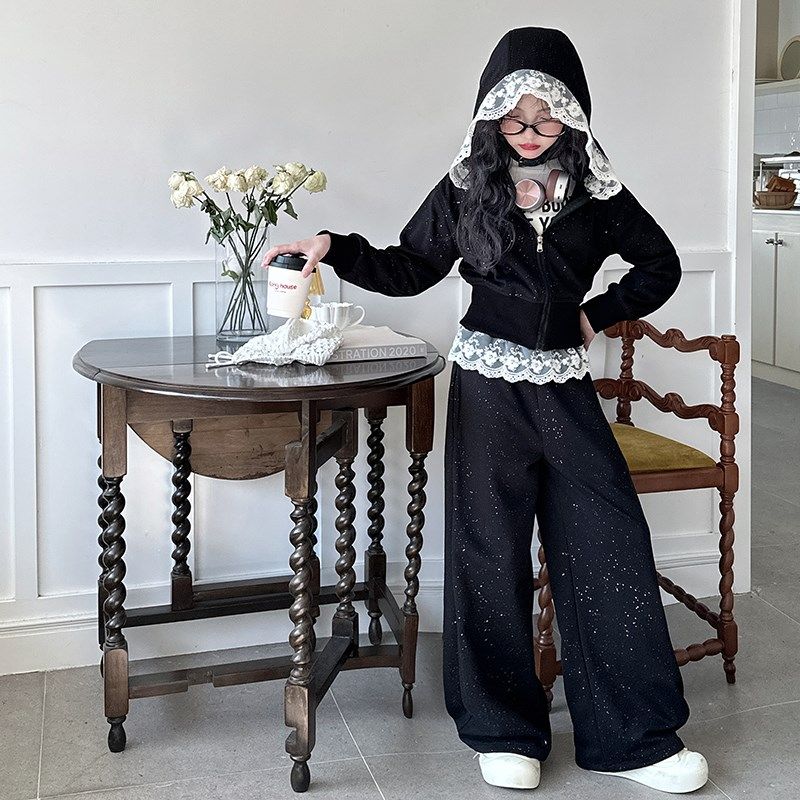 女童连帽卫衣套装2025春秋新款洋气蕾丝拼接撒银外套阔腿裤两件套,童装/婴儿装/亲子装,套装,淘宝优惠券,粉丝福利购,淘宝优惠卷