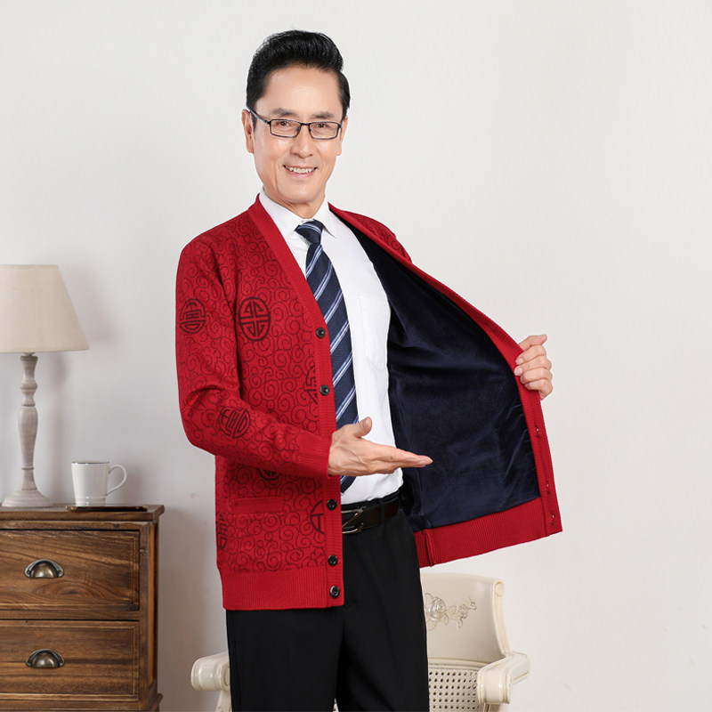 中老年人男女毛衣开衫外套爸爸妈妈装本命年生日过寿金婚红色唐装