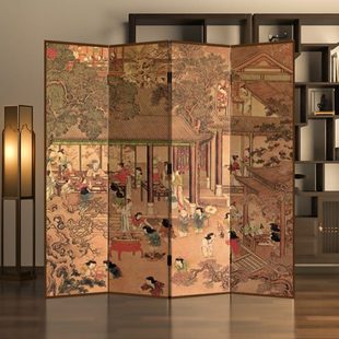 中古屏风隔断客厅玄关实木移动茶室背景墙装 新中式 饰定制折屏古画