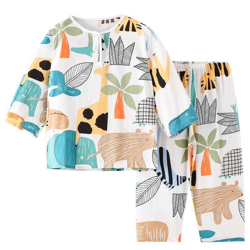 夏天宝宝绵绸睡衣儿童薄款棉绸夏季男童女童空调服小孩子男孩套装