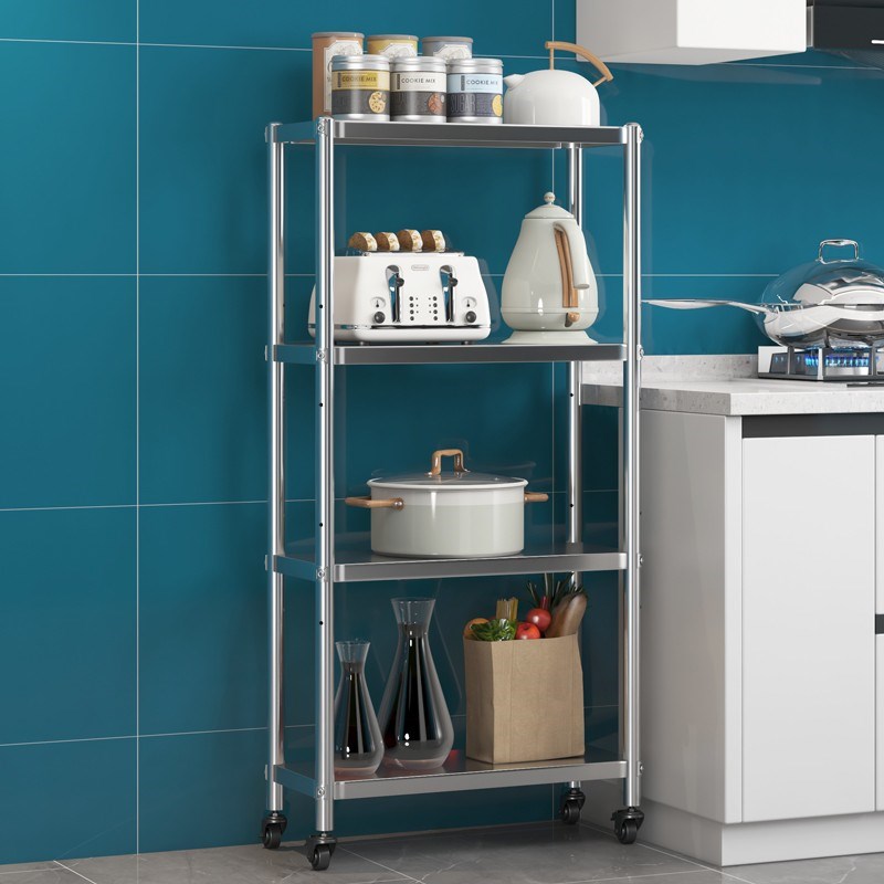 三层可移动厨房不锈钢置物架4层20宽25cm夹缝收纳架带轮推拉架子