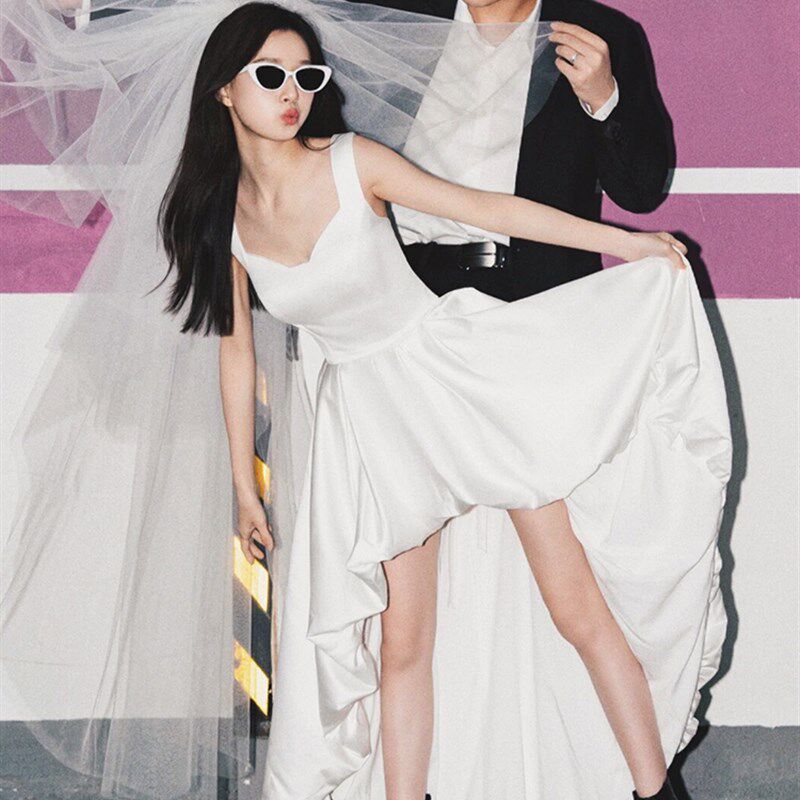 法式吊带小个子前短后长白色轻婚纱新娘订婚旅拍出门纱领证礼服裙