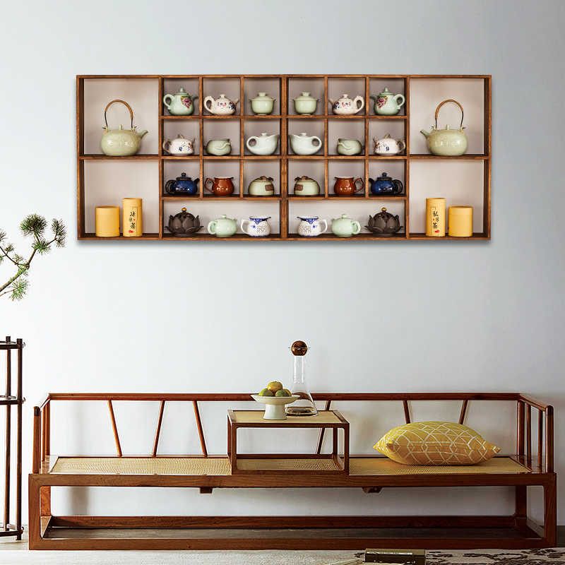 实木壁挂多宝阁茶杯摆件展示架新中式茶具收纳架置物架挂墙博古架