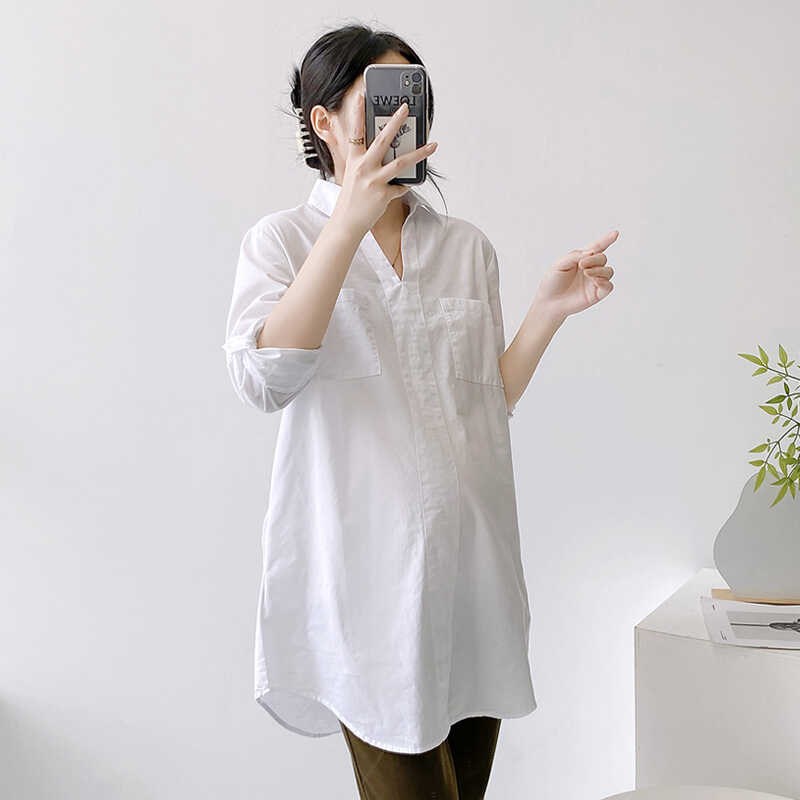 春装V领长袖孕妇白衬衫中长款纯棉上衣春秋季职业孕妇装A版打底衫