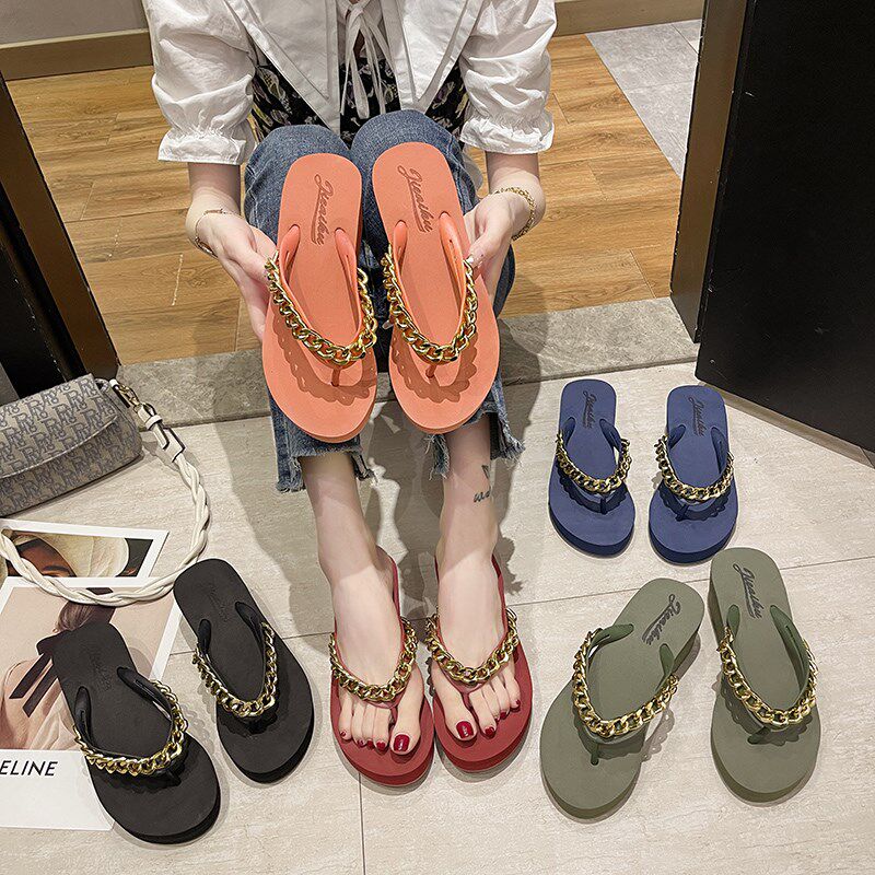新款链子坡跟人字拖鞋女夏韩版百搭时尚外穿5厘米厚底沙滩鞋夹拖