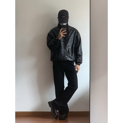 【X1617】美式新款秋冬复古潮流街头显高立领PU皮衣夹克外套男女