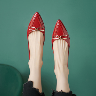 平底鞋女春夏季新款真皮尖头平跟单鞋红色皮N鞋浅口瓢鞋女鞋瓢鞋