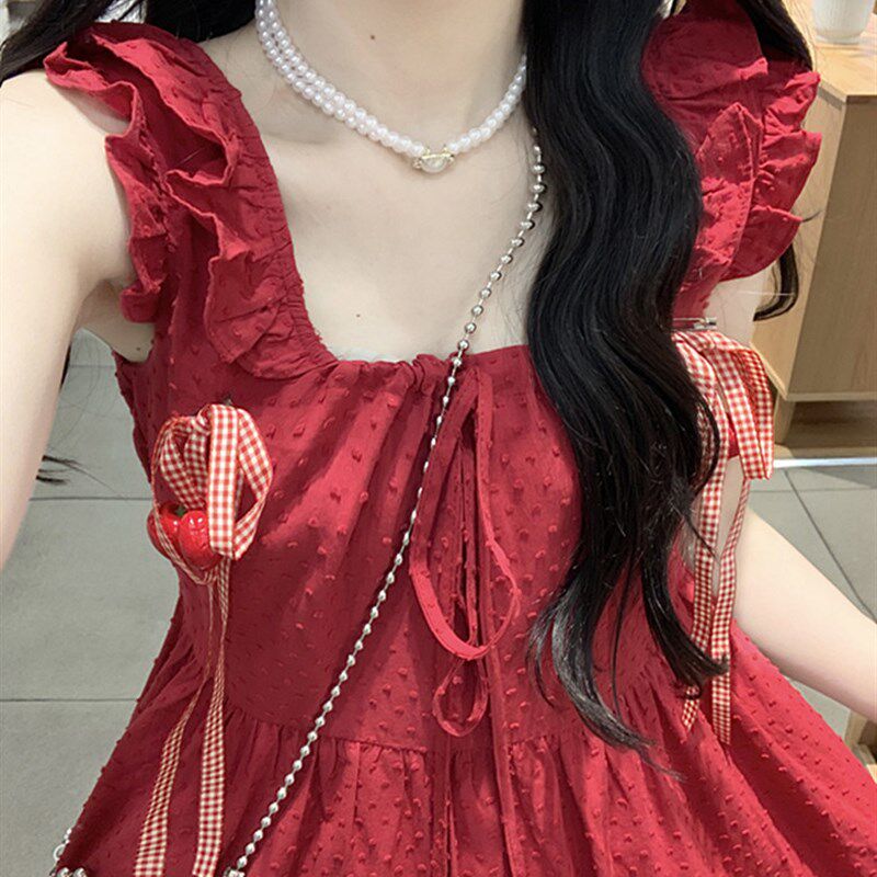 高中女生背带连衣裙红色裙子夏时髦设计感背心裙甜美气质背带长裙