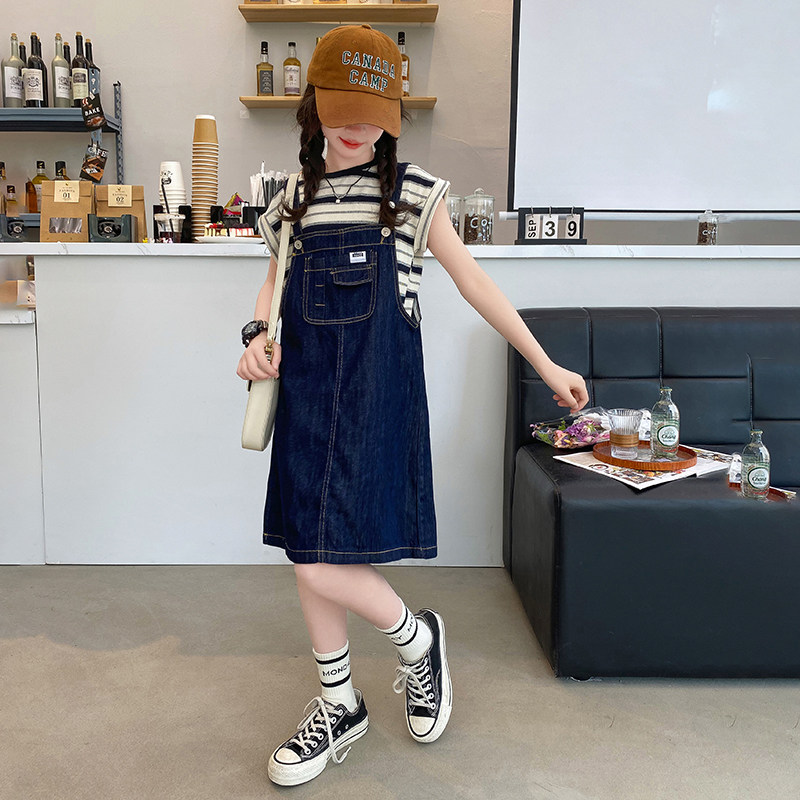 女童夏装2025新款裙子儿童夏款短裤套装牛仔背带裙大童洋气连衣裙图片