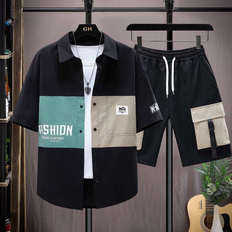 休闲两件套冰丝衬衫男夏季撞色短袖短裤青少年男装搭配帅气一套装