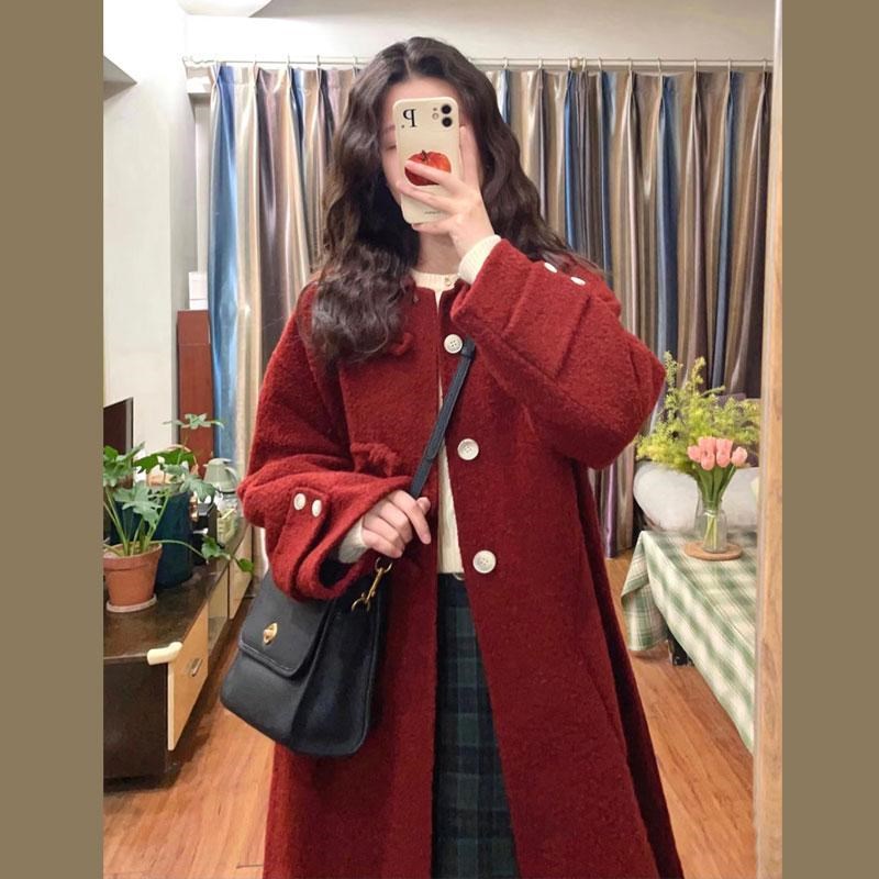 新年圣诞红色毛呢外套女冬季新款圈圈呢中长款小个子宽松呢子大衣