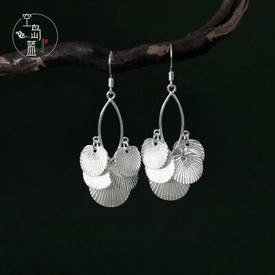 南楼 空岛蓝925银文艺清新中式古风圆扇片耳环优雅民族风耳坠耳夹