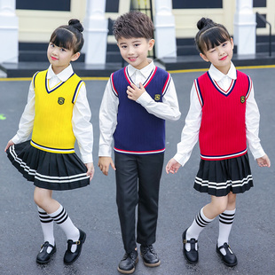 儿童毛线马甲女孩毛衣小学生坎肩女童针织背心校服秋冬黄色学院风