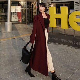 秋冬酒红色毛呢大衣外套女长款过膝通勤高个子呢子风衣冬季加厚