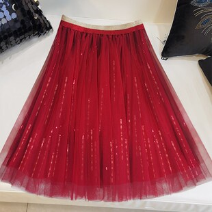 酒红色亮片网纱蓬蓬半身裙秋冬新款高级感星空仙女纱裙小个子短裙
