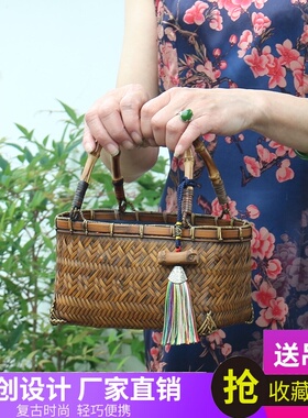 竹鞭小竹编包手提茶具包日式禅意竹篮子把玩复古文艺编织包筐茶道