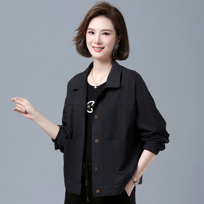2024春秋季新款女士短外套开衫夹克黑色棒球服中年妈妈女装宽松