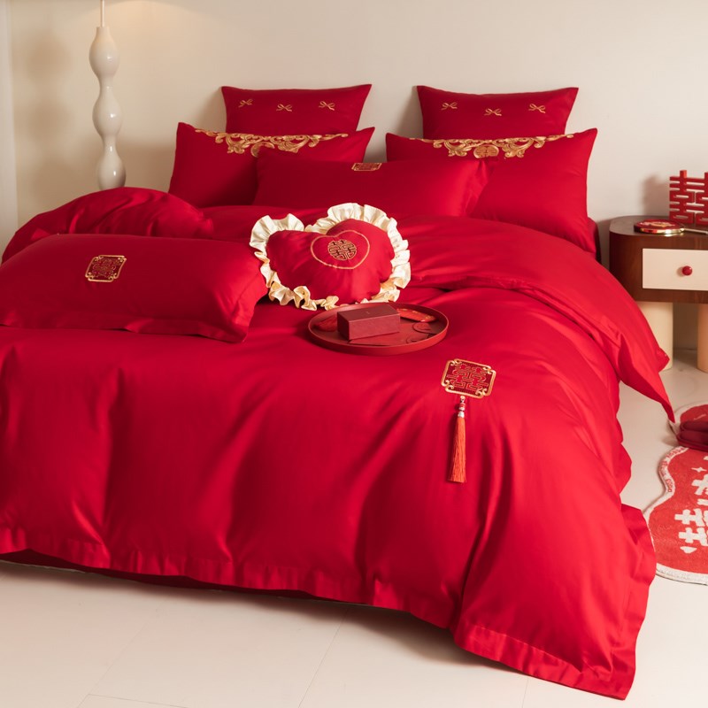 新中式160支长绒棉婚庆四件套大红色结婚陪嫁全棉床单床笠款床品4