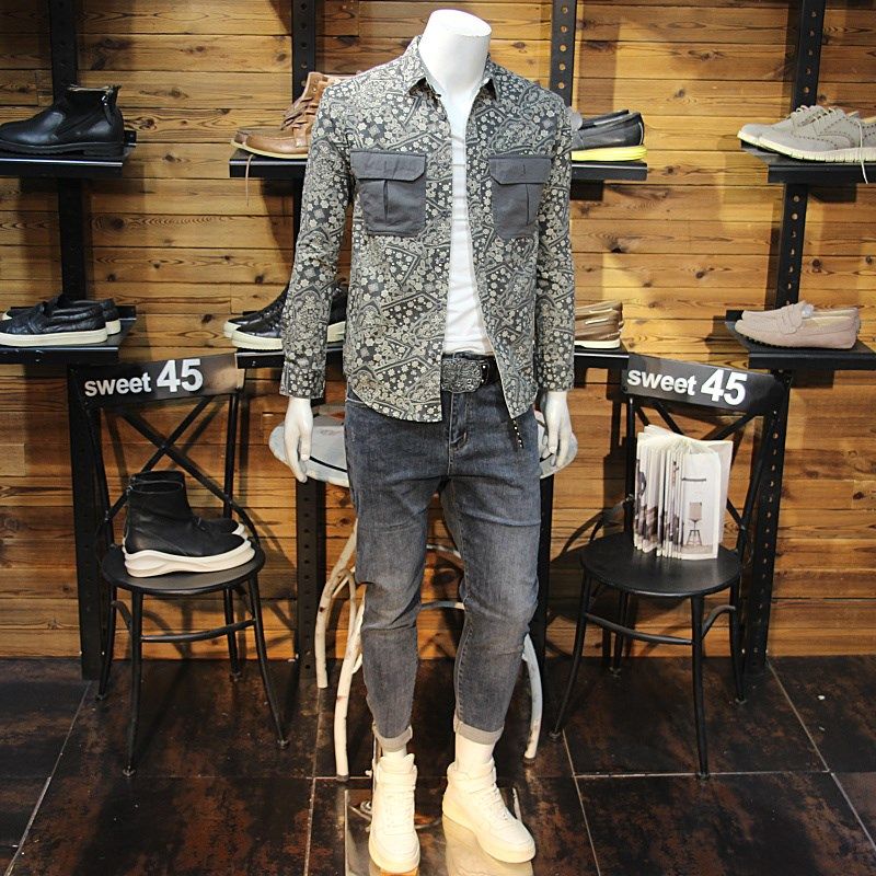 秋季新品腰果花男外穿衬衣修身翻领工装口袋流行青年帅气长袖衬衫,男装,衬衫,淘宝优惠券,粉丝福利购,淘宝优惠卷