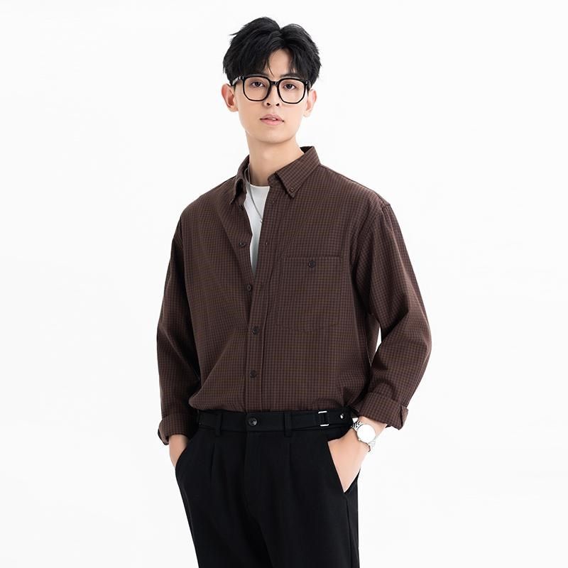 2025春夏新款男士休闲百搭小格子长袖衬衫宽松韩版男生口袋衬衣,男装,衬衫,淘宝优惠券,粉丝福利购,淘宝优惠卷