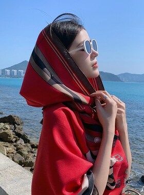 围巾女春秋超大沙漠遮阳防晒丝巾薄长款沙滩巾红色民族风拍照披肩