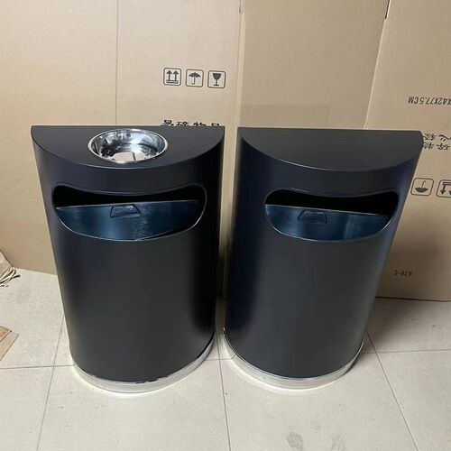 不锈钢靠墙式半圆垃圾桶商场超市带烟灰缸桶酒店大堂楼梯口收纳桶
