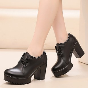 防水台加绒水钻单鞋 深口真皮圆头皮鞋 女粗跟厚底高跟模特走秀鞋