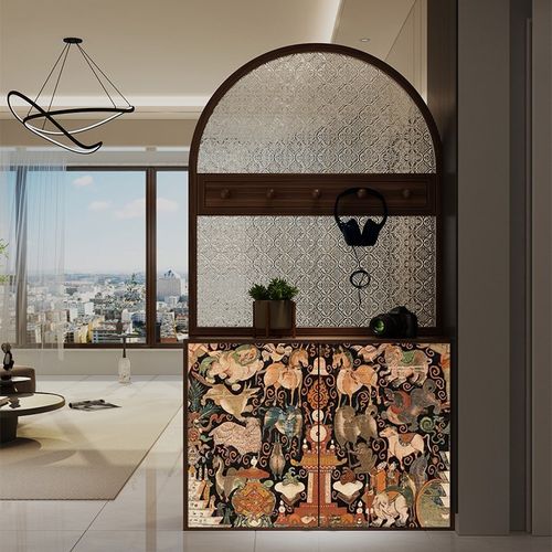 法式复古南洋风玻璃屏风隔断客厅实木鞋柜入户门玄关家用简约现代