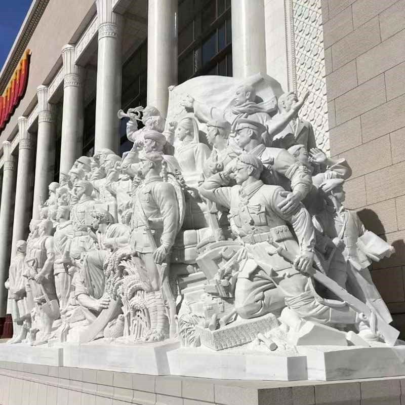 石雕浮雕四川汉白玉浮雕壁画影壁墙立体抗洪人物群雕像