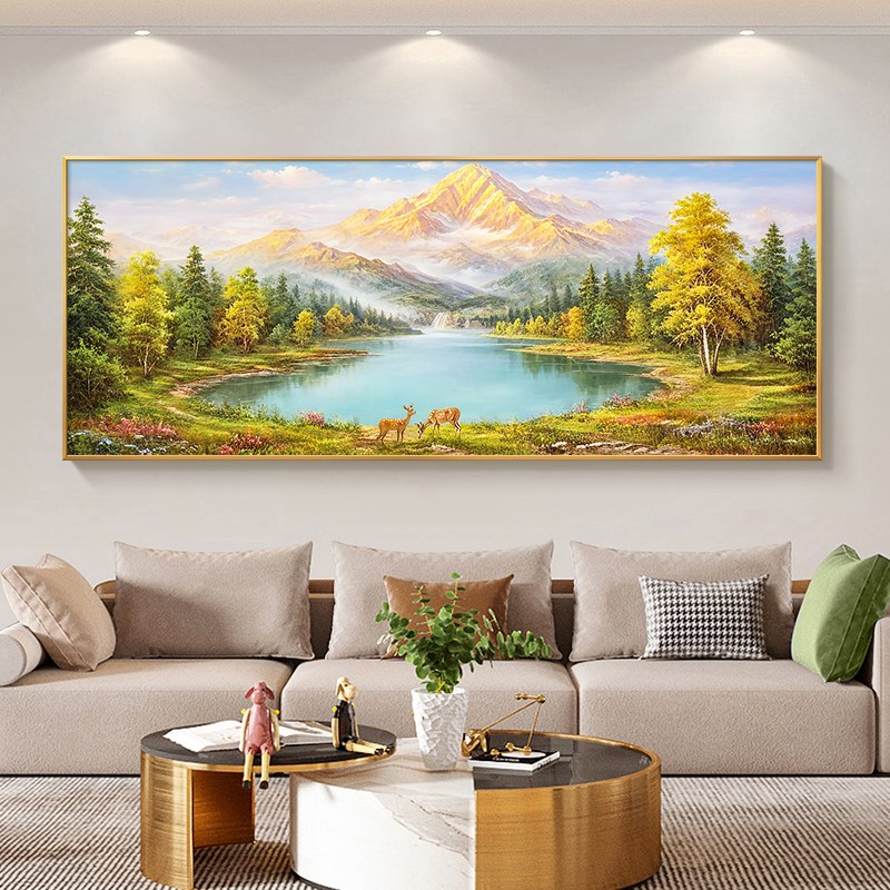 现代轻奢手绘油画沙发背景墙挂画美式别墅壁画风景山水画聚宝盆