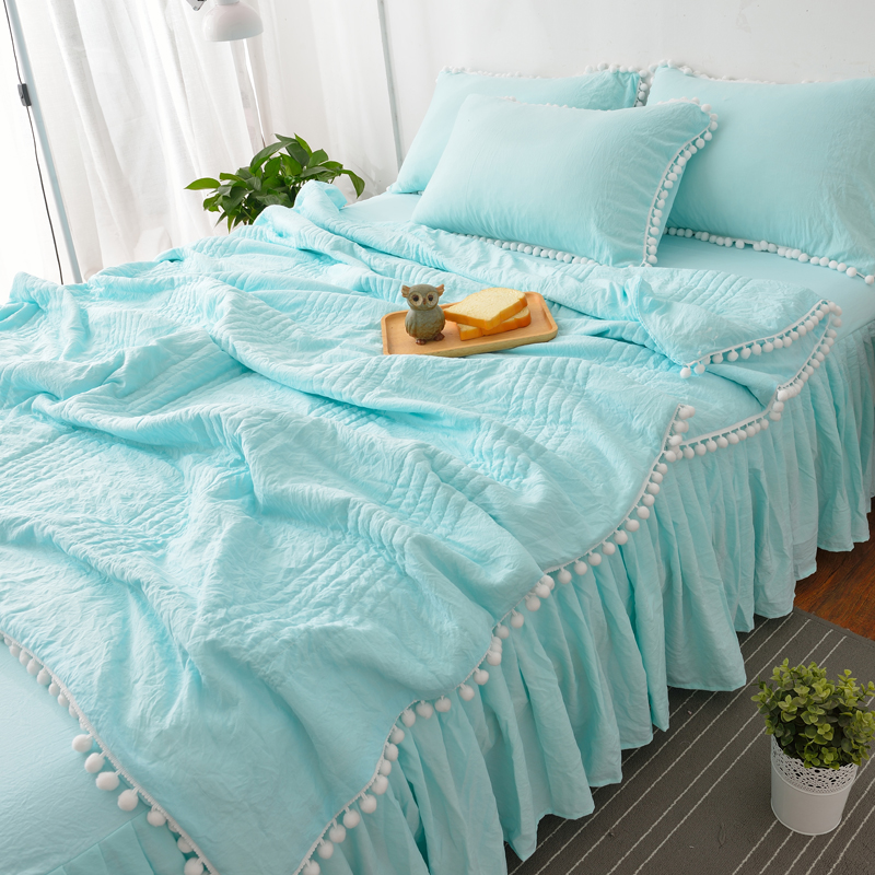 少女心水洗棉夏被床裙四件套公主风梨花毛球球薄被子夏凉被空调被