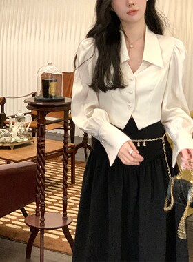 VASSE美蟹法式黑色高腰a字半身裙女2023新款小个子温柔气质长裙子