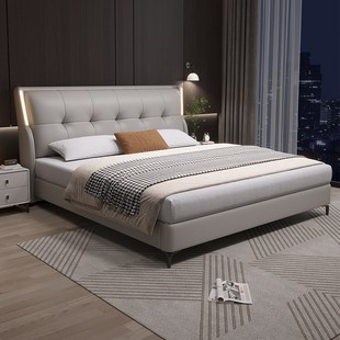 奶油风极简头层牛皮真皮床现代简约床主卧1.8m大床高端大气双人床