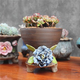 韩式立体捏花h粗陶爆裂大口径多肉花盆透气高桩火锅手捧高脚花盆