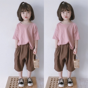 含棉百搭罗卜裤 男女儿童宝宝宽松透气套装 纯色T恤潮 7分哈伦裤 夏季