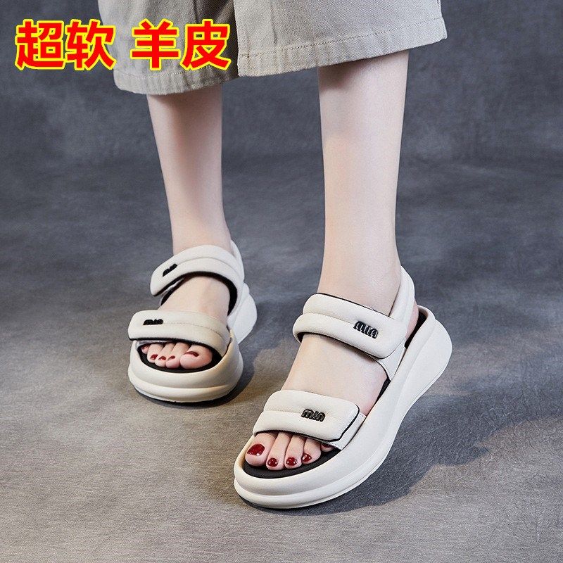 超软羊皮厚底运动凉鞋女宽胖脚2025新款真皮平底旅游学生休闲女鞋,女鞋,休闲凉鞋,淘宝优惠券,粉丝福利购,淘宝优惠卷
