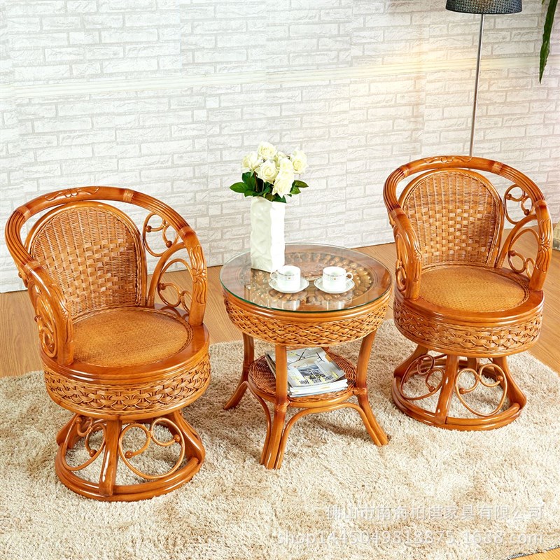 单人藤椅转椅实木藤编桌椅三件套阳J台庭院休闲五件套藤椅