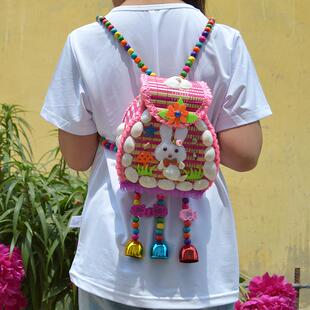 儿童小背篓鱼篓竹编包包幼儿园演出舞台道具贝壳民族风工艺螺钿