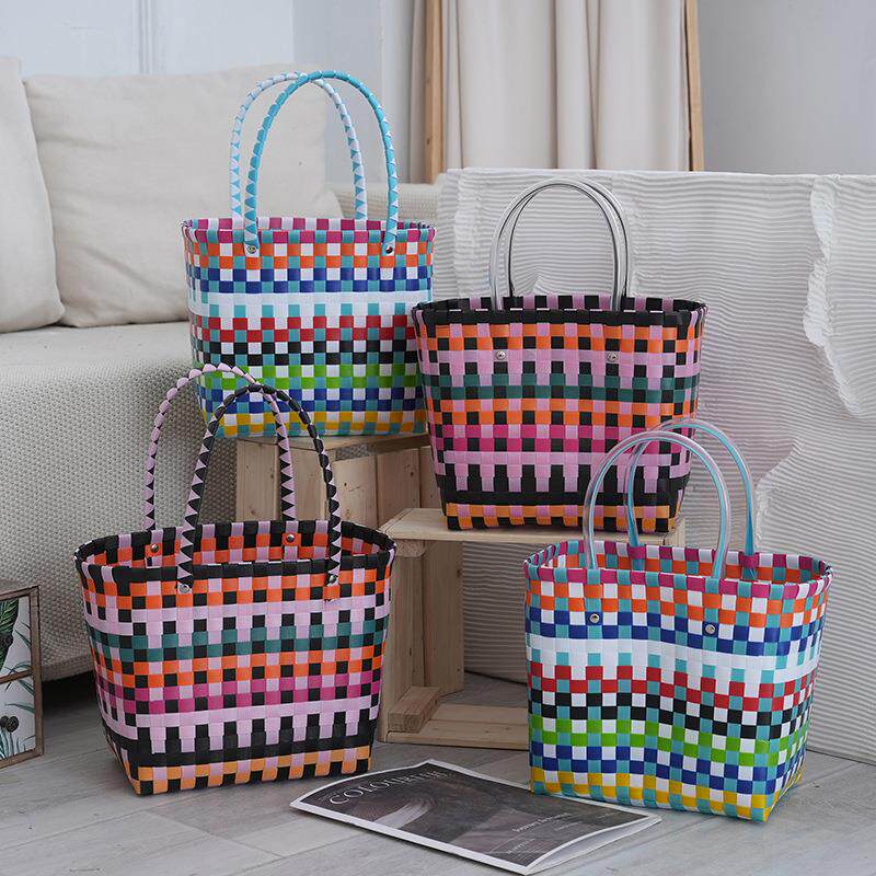 菜篮子包包手提编织撞色塑编包购物篮彩色露营手工pvc材质野餐篮