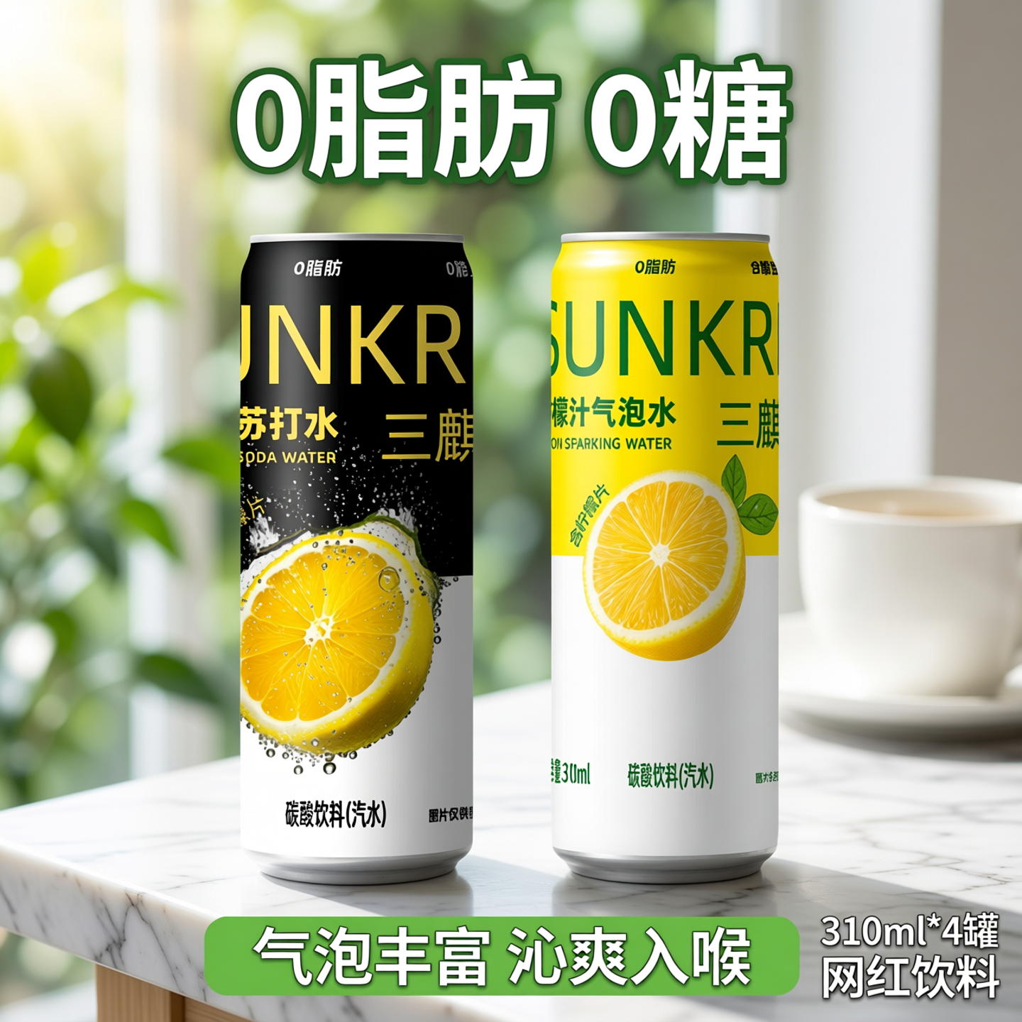 三麒柠檬片苏打水0脂0糖气泡丰富沁爽入喉310ml*4罐网红饮料