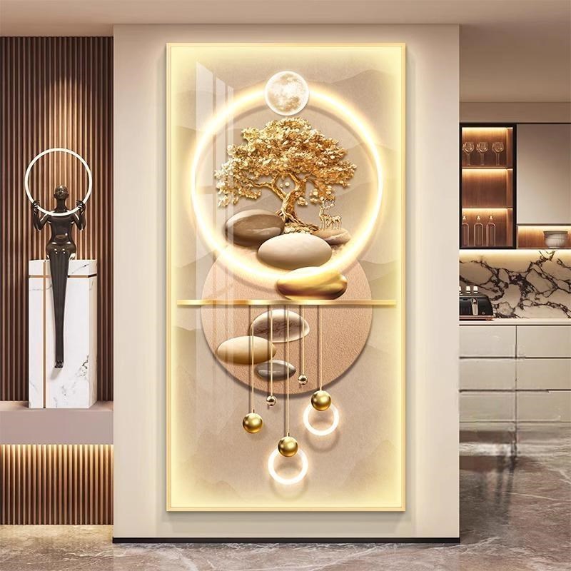现代轻奢玄关led灯装饰画发财树入户正对门挂画福禄走廊过道壁画图片