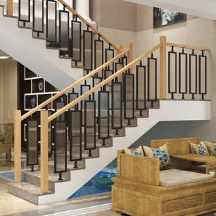 楼梯扶手实木现代室内阁楼栏杆家用玻璃护栏别墅围栏平台立柱