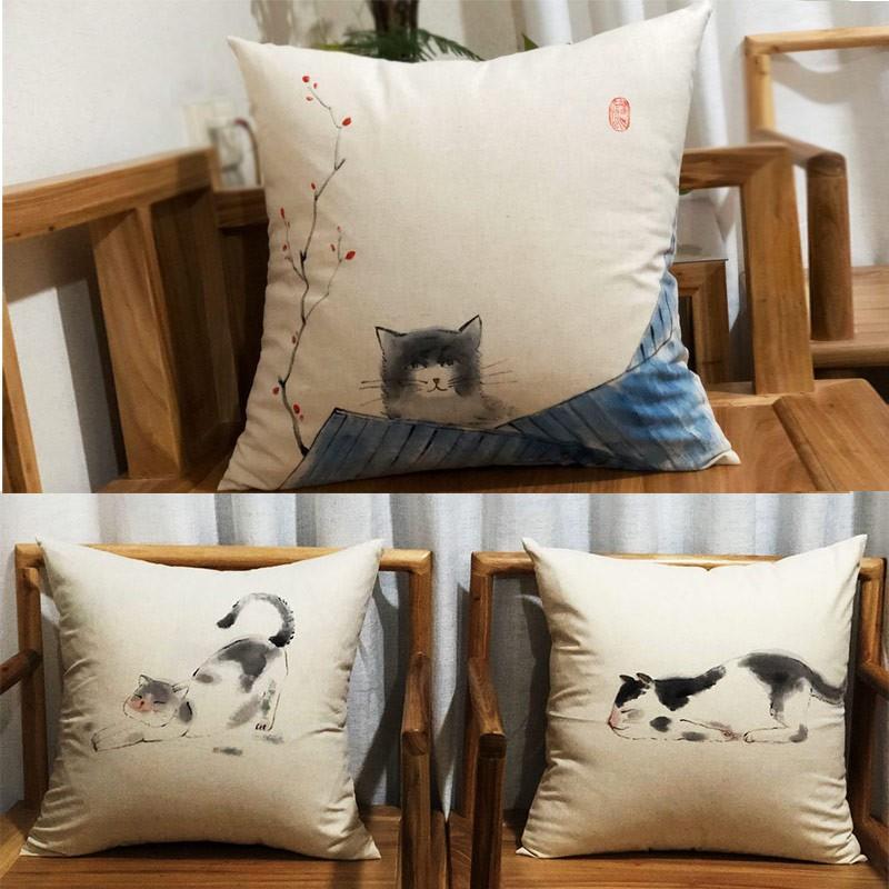 猫肥家润猫咪抱枕靠垫手绘麻文艺性礼品新靠枕中