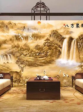 d浮雕客厅电视画壁纸招财风景办公室墙纸意境山水沙发背墙布