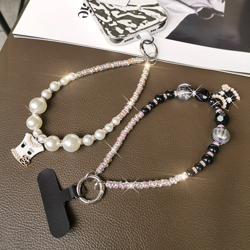 手挂绳性串珠水钻挂饰女款风手工串链挂件马甲水钻圈串珍珠手链带