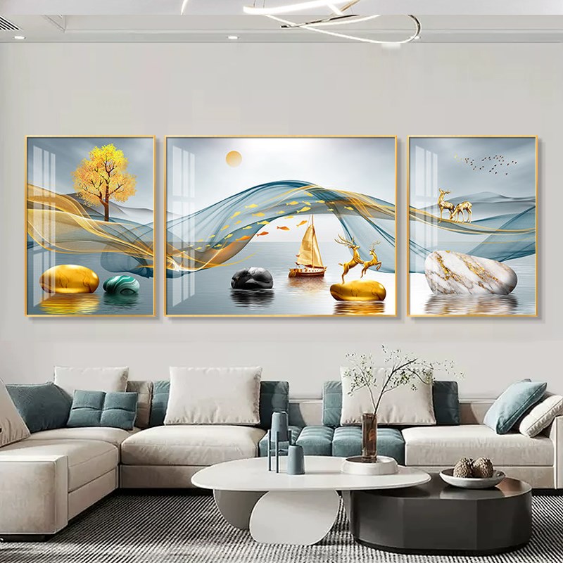 客厅沙发背景墙装饰画时尚简约挂画轻奢大气墙画高端感三联画壁画图片